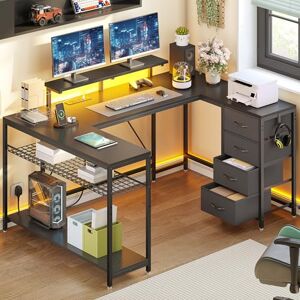 YITAHOME 158×100 cm Corner Desk with Drawers, Reversible L Shaped Computer Desk with LED Lights, U Shaped Gaming Table with Powers Outlets, Work Desk With PC Stand for Home Office Black YITAHOME 158×100 cm Corner Desk with Drawers, Reversible L Shaped Computer Desk with LED Lights, U Shaped Gaming Table with Powers Outlets, Work Desk With PC Stand for Home Office Black