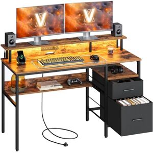 VASAGLE Computer Desk with Fabric Drawers, Study Desk with Monitor Stand, LED Lighting, 55 x 135 x 90 cm, Built-in Power Outlets, 2 USB-A Ports, for Home Office, Rustic Brown LWD094K01 VASAGLE Computer Desk with Fabric Drawers, Study Desk with Monitor Stand, LED Lighting, 55 x 135 x 90 cm, Built-in Power Outlets, 2 USB-A Ports, for Home Office, Rustic Brown LWD094K01