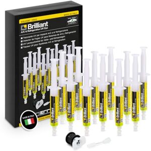 ERRECOM Brilliant 12 x 7.5 ml, Fluorescent UV Dye for Detecting Refrigerant Gas Leaks in Vehicle A/C Systems, Includes R134a Adapter ERRECOM Brilliant 12 x 7.5 ml, Fluorescent UV Dye for Detecting Refrigerant Gas Leaks in Vehicle A/C Systems, Includes R134a Adapter