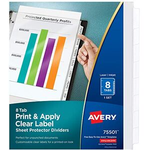 Avery 8-Tab Sheet Protector Dividers, Printable Easy Peel Clear Labels, Index Maker, White Tabs, 1 Set (75501) Avery 8-Tab Sheet Protector Dividers, Printable Easy Peel Clear Labels, Index Maker, White Tabs, 1 Set (75501)