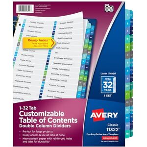 Avery Double Column 32 Tab Dividers for 3 Ring Binders, Customizable Table of Contents, Multicolor Tabs, 1 Set (11322) Avery Double Column 32 Tab Dividers for 3 Ring Binders, Customizable Table of Contents, Multicolor Tabs, 1 Set (11322)