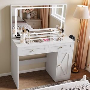 YITAHOME Dressing Table with LED Mirror, Makeup Desk with Adjustable 3-Colour Lighting, Safety Glass Top & Built-in Plug Socket, White Vanity Table for Bedroom YITAHOME Dressing Table with LED Mirror, Makeup Desk with Adjustable 3-Colour Lighting, Safety Glass Top & Built-in Plug Socket, White Vanity Table for Bedroom