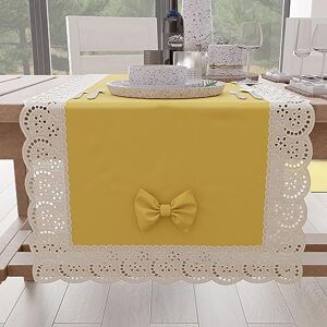 PETTI Artigiani Italiani Elegant Cotton Table Runner, for Kitchen Table, Living Room, Dining Room, Plain Tablecloths with Lace Frill and Bows 40 x 140 cm, Yellow PETTI Artigiani Italiani Elegant Cotton Table Runner, for Kitchen Table, Living Room, Dining Room, Plain Tablecloths with Lace Frill and Bows 40 x 140 cm, Yellow