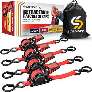 Strapinno Retractable Ratchet Straps 1 in x 10 ft, Secure Tie-Downs with Rubber-Coated Steel Handles, for Motorcycle, Jetski, Kayak, Breaking Strength 1,500LBS/680KG (Red Strap, Black Coated) Strapinno Retractable Ratchet Straps 1 in x 10 ft, Secure Tie-Downs with Rubber-Coated Steel Handles, for Motorcycle, Jetski, Kayak, Breaking Strength 1,500LBS/680KG (Red Strap, Black Coated)