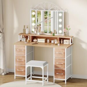 YITAHOME Dressing Table with Mirror & LED Light Bulbs,Makeup Vanity Deskwith 6 Fabric Drawers, 3 Open Compartments, Hair Dryer Rack, and Stool for Bedroom, White & Wood Color, 106 x 40 x 141 cm YITAHOME Dressing Table with Mirror & LED Light Bulbs,Makeup Vanity Deskwith 6 Fabric Drawers, 3 Open Compartments, Hair Dryer Rack, and Stool for Bedroom, White & Wood Color, 106 x 40 x 141 cm