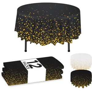NORZEE 12-Pack Black Disposable Tablecloths, 84" Round Table Cover, Plastic Table Cloth With Gold CONFETY NORZEE 12-Pack Black Disposable Tablecloths, 84" Round Table Cover, Plastic Table Cloth With Gold CONFETY