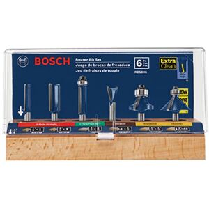 Bosch RBS006 6-Piece 1/4 in. Shank Carbide-Tipped Multi-Purpose Router Bits Assorted Set with Included Storage Case for Applications in Straight, Trimming, Decorative Edging, Dovetail Joinery Bosch RBS006 6-Piece 1/4 in. Shank Carbide-Tipped Multi-Purpose Router Bits Assorted Set with Included Storage Case for Applications in Straight, Trimming, Decorative Edging, Dovetail Joinery