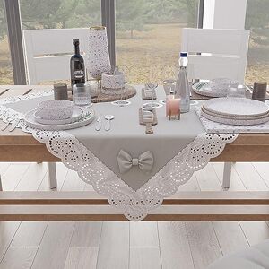 PETTI Artigiani Italiani Elegant Cotton Centerpiece for Kitchen Table, Living Room, Dining Room, Solid Colour Table Centre with Lace Frill and Bows, Light Grey 95 x 95 cm PETTI Artigiani Italiani Elegant Cotton Centerpiece for Kitchen Table, Living Room, Dining Room, Solid Colour Table Centre with Lace Frill and Bows, Light Grey 95 x 95 cm
