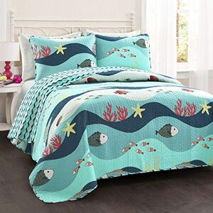 Lush Decor Sealife Fish Ocean Wave Reversible 2 Piece Blue Quilt Bedding Set, Twin, Cotton Lush Decor Sealife Fish Ocean Wave Reversible 2 Piece Blue Quilt Bedding Set, Twin, Cotton