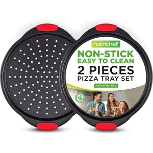 Nutrichef 2-Pc. Non Stick Pizza Tray with Silicone Handle, Round Steel Non-Stick Pan with Perforated Holes, Dishwasher Safe, Pizza Tray with Silicone and Oversized Handle, PFOA, PFOS, PTFE Free Nutrichef 2-Pc. Non Stick Pizza Tray with Silicone Handle, Round Steel Non-Stick Pan with Perforated Holes, Dishwasher Safe, Pizza Tray with Silicone and Oversized Handle, PFOA, PFOS, PTFE Free