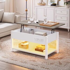 YITAHOME Lift-Top Coffee Table, Easy Adjustable Height with Hidden Storage, Rectangular Coffee Table with 2-Tier Storage, Power Outlets, Multi-Color LED Lighting for Living Room, White and Grey YITAHOME Lift-Top Coffee Table, Easy Adjustable Height with Hidden Storage, Rectangular Coffee Table with 2-Tier Storage, Power Outlets, Multi-Color LED Lighting for Living Room, White and Grey