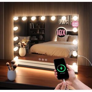 GloBrite Hollywood Vanity Mirror with 15 Dimmable LED Bulbs 3 Lighting Modes, 10x Magnification, Touch Control, USB Charging, Wall/Tabletop, Lighted Makeup Mirror for Bedroom, Dressing Room White GloBrite Hollywood Vanity Mirror with 15 Dimmable LED Bulbs 3 Lighting Modes, 10x Magnification, Touch Control, USB Charging, Wall/Tabletop, Lighted Makeup Mirror for Bedroom, Dressing Room White