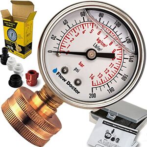 Flow Doctor Water Pressure Glycerin Filled Gauge Kit, All Purpose, 6 Parts Kit, 0 To 200 Psi, Standard 3/4" Female Garden Hose Thread Plus 5 Adapters To Test in Multiple Locations Indoors and Outdoors Flow Doctor Water Pressure Glycerin Filled Gauge Kit, All Purpose, 6 Parts Kit, 0 To 200 Psi, Standard 3/4" Female Garden Hose Thread Plus 5 Adapters To Test in Multiple Locations Indoors and Outdoors