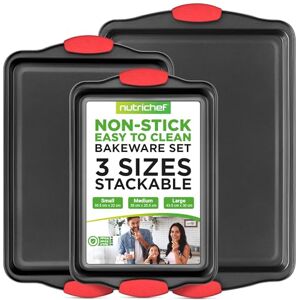 Nutrichef 3-Piece Nonstick Kitchen Oven Baking Pans Premium & Stylish Non-Stick Steel, Commercial Grade Restaurant Quality Metal Bakeware with Red Silicone Handles Easy to Clean Nutrichef 3-Piece Nonstick Kitchen Oven Baking Pans Premium & Stylish Non-Stick Steel, Commercial Grade Restaurant Quality Metal Bakeware with Red Silicone Handles Easy to Clean