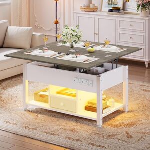 YITAHOME Folding Lift Top Coffee Table with Drawer, 4-in-1 Convertible Table with Storage Space and Type-G Outlets, Multi-Color LED Lighting with Music Mode for Living Room, Dining Room, White Grey YITAHOME Folding Lift Top Coffee Table with Drawer, 4-in-1 Convertible Table with Storage Space and Type-G Outlets, Multi-Color LED Lighting with Music Mode for Living Room, Dining Room, White Grey
