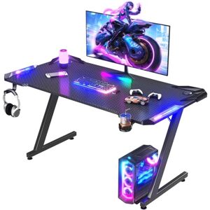 JUMMICO Gaming Desk with LED Lights 140 x 60 cm, RGB Gaming Table Sturdy Computer Desk for Home Office and Gamers with Headphone Hook and Cup Holder, Black JUMMICO Gaming Desk with LED Lights 140 x 60 cm, RGB Gaming Table Sturdy Computer Desk for Home Office and Gamers with Headphone Hook and Cup Holder, Black