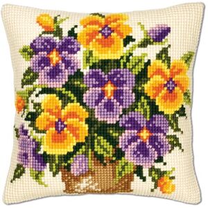 Vervaco Yellow and Purple Pansies Cross Stitch Cushion, Multi-Colour Vervaco Yellow and Purple Pansies Cross Stitch Cushion, Multi-Colour