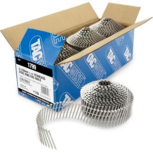 Tacwise 1799 Type 2.1/38 mm Stainless Steel Conical Top Coil Nails, Ring Shank, 16° Incline, Wire Collated, Pack of 2160, Silver Tacwise 1799 Type 2.1/38 mm Stainless Steel Conical Top Coil Nails, Ring Shank, 16° Incline, Wire Collated, Pack of 2160, Silver