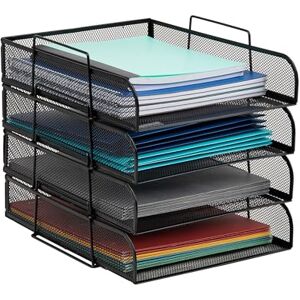 Mind Reader Stackable Paper Tray, Desktop Organizer, File Storage, Office, Metal Mesh, 10.5" L x13.5 W x11.25 H, 4 Pcs., Black Mind Reader Stackable Paper Tray, Desktop Organizer, File Storage, Office, Metal Mesh, 10.5" L x13.5 W x11.25 H, 4 Pcs., Black