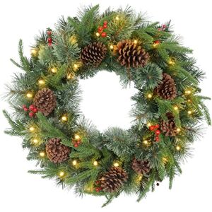 HOMCOM 60cm Pre-Lit Christmas Wreath for Front Door with LED Lights, Pine Cones and Red Berries, Winter Wreath for Windows, Wall Decoration, Green HOMCOM 60cm Pre-Lit Christmas Wreath for Front Door with LED Lights, Pine Cones and Red Berries, Winter Wreath for Windows, Wall Decoration, Green
