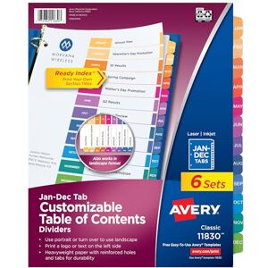 Avery Monthly Dividers for 3 Ring Binders, Customizable Table of Contents, Multicolor Tabs, 6 Sets (11830) Avery Monthly Dividers for 3 Ring Binders, Customizable Table of Contents, Multicolor Tabs, 6 Sets (11830)