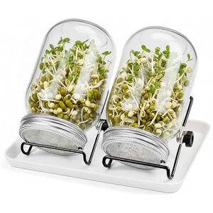 Relaxdays Sprouting Jar 2-Pack, Stand & Drain Tray, Seed Jar for Sprouts, 850 ml, for Home Sprouting, Clear/White Relaxdays Sprouting Jar 2-Pack, Stand & Drain Tray, Seed Jar for Sprouts, 850 ml, for Home Sprouting, Clear/White