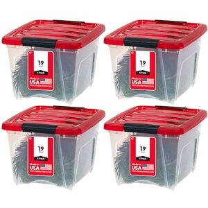 IRIS USA 19 Quart Stackable Plastic Holiday Storage Bins with Lids and Latching Buckles, 4 Pack Clear/Red, Durable Containers for Long Term Storage Festive Seasonal Decorations Garlands Stockings IRIS USA 19 Quart Stackable Plastic Holiday Storage Bins with Lids and Latching Buckles, 4 Pack Clear/Red, Durable Containers for Long Term Storage Festive Seasonal Decorations Garlands Stockings