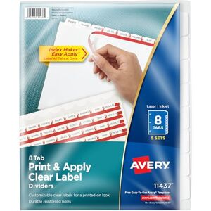 Avery 8 Tab Dividers for 3 Ring Binder, Easy Print & Apply Clear Label Strip, Index Maker Customizable White Tabs, 5 Sets (11437) Avery 8 Tab Dividers for 3 Ring Binder, Easy Print & Apply Clear Label Strip, Index Maker Customizable White Tabs, 5 Sets (11437)