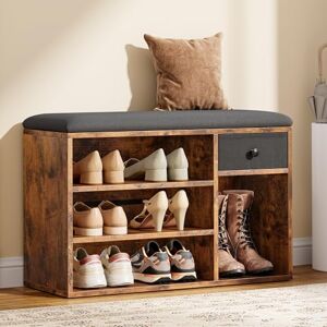 YITAHOME Shoe Bench, Storage Bench with Padded Seat, with Cushion, Shoe Storage Bench with Drawer and Open Compartments, for Living Room, Hallway, Brown and Black YITAHOME Shoe Bench, Storage Bench with Padded Seat, with Cushion, Shoe Storage Bench with Drawer and Open Compartments, for Living Room, Hallway, Brown and Black