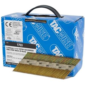 Tacwise 1753 Extra Galvanised Framing Nails 2.8/65 mm, D Head, Ring Shank, 34° Inclined, Paper Collated, Pack of 1600, Silver Tacwise 1753 Extra Galvanised Framing Nails 2.8/65 mm, D Head, Ring Shank, 34° Inclined, Paper Collated, Pack of 1600, Silver