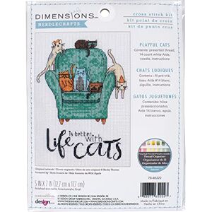 Dimensions 70-65222 Life is Better with Cats Counted Cross Stitch Kit for Beginners, 14 Cnt. White Aida, 5" x 7 Dimensions 70-65222 Life is Better with Cats Counted Cross Stitch Kit for Beginners, 14 Cnt. White Aida, 5" x 7