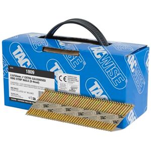 Tacwise 1809 Extra Galvanised Framing Nails 2.8/50 mm, D Head, Ring Shank, 34° Inclined, Paper Collated, Pack of 800 Tacwise 1809 Extra Galvanised Framing Nails 2.8/50 mm, D Head, Ring Shank, 34° Inclined, Paper Collated, Pack of 800