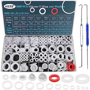 Keze 660 PCS Silicone Washer Assortment Kit 14 Size VMQ Silicone Gasket and 18 Size Clear Food Grade Silicone O Ring Washers Set for Seal Plumbing Faucet High Temperature Resistant Repair Keze 660 PCS Silicone Washer Assortment Kit 14 Size VMQ Silicone Gasket and 18 Size Clear Food Grade Silicone O Ring Washers Set for Seal Plumbing Faucet High Temperature Resistant Repair