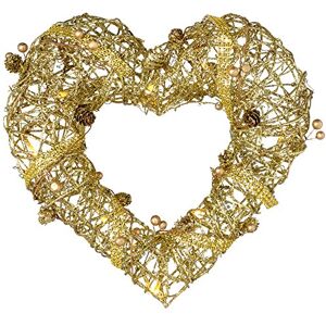 WeRChristmas Pre-Lit Rattan Warm White LED Heart Wreath with Beads and Pinecones, 33 cm Gold WeRChristmas Pre-Lit Rattan Warm White LED Heart Wreath with Beads and Pinecones, 33 cm Gold