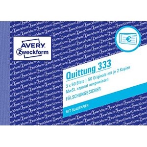 Avery 333 Quittung MwSt. separat ausgewiesen, DIN A6, fälschungssicher, 3 x 50 Sheets, White Avery 333 Quittung MwSt. separat ausgewiesen, DIN A6, fälschungssicher, 3 x 50 Sheets, White