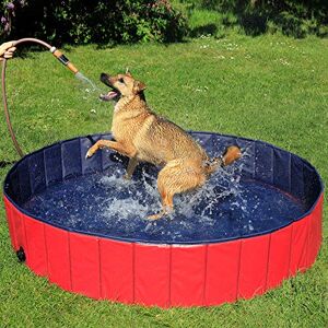 lionto Foldable dog pool made of scratch-resistant PVC material, Ø 160 cm, height 30 cm, anti-slip coating & drain plug for quick emptying, no pump required, robust children's pool, blue/red lionto Foldable dog pool made of scratch-resistant PVC material, Ø 160 cm, height 30 cm, anti-slip coating & drain plug for quick emptying, no pump required, robust children's pool, blue/red