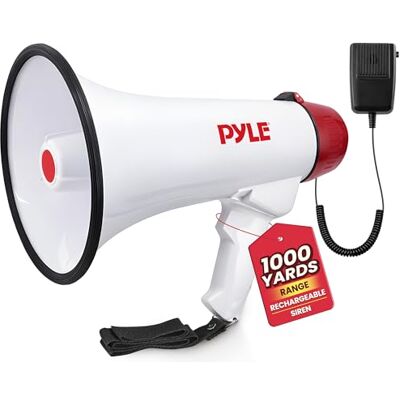 Pyle Rechargeable Megaphone PA Speaker – 40W Bullhorn with Siren, AUX Input, Record Function & 900m Range – Loud Handheld Speaker for Coaches, Cheerleading, Safety Drills & Crowd Control Pyle Rechargeable Megaphone PA Speaker – 40W Bullhorn with Siren, AUX Input, Record Function & 900m Range – Loud Handheld Speaker for Coaches, Cheerleading, Safety Drills & Crowd Control