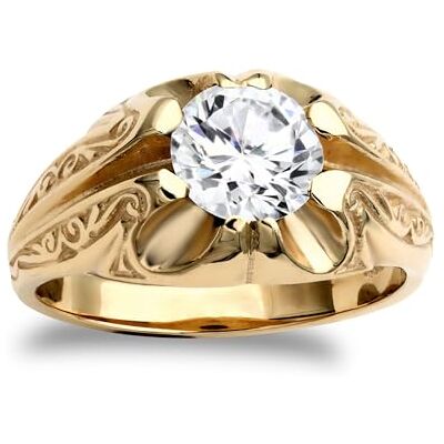 Jewelco London Men's Solid 9ct Yellow Gold White Round Brilliant Cubic Zirconia Solitaire Carved Gypsy Ring 8mm 2 Carats Jewelco London Men's Solid 9ct Yellow Gold White Round Brilliant Cubic Zirconia Solitaire Carved Gypsy Ring 8mm 2 Carats