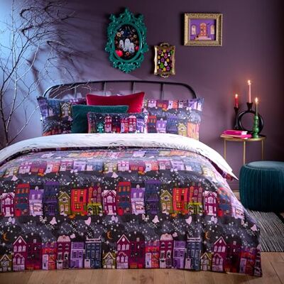 Furn. Creepy Town Halloween Duvet Cover Set - Charcoal Polycotton - Size Double Furn. Creepy Town Halloween Duvet Cover Set - Charcoal Polycotton - Size Double