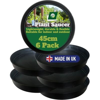 LBS Horticulture 6 Pack Outdoor & Indoor Plant Pot Saucers Frost & Crack Resistant, Durable Round Black Trays, High Rims, Lightweight and Reusable, UK Made, Prevent Surface Damage & Catch Excess Water, 45cm Diameter LBS Horticulture 6 Pack Outdoor & Indoor Plant Pot Saucers Frost & Crack Resistant, Durable Round Black Trays, High Rims, Lightweight and Reusable, UK Made, Prevent Surface Damage & Catch Excess Water, 45cm Diameter