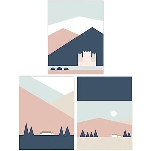 Wee Blue Coo Pack of 3 Pastel Colour Scottish Mountain Countryside House and Castle Geometric Landscape Unframed Wall Art Living Room Prints Set Wee Blue Coo Pack of 3 Pastel Colour Scottish Mountain Countryside House and Castle Geometric Landscape Unframed Wall Art Living Room Prints Set