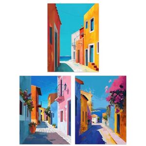 Artery8 Set of 3 Colourful Greek Coastal Street Paintings Living Room 12X16 Inch Wall Art Prints Pack Artery8 Set of 3 Colourful Greek Coastal Street Paintings Living Room 12X16 Inch Wall Art Prints Pack