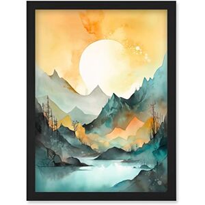 Artery8 Sun Rising Over Mountain Lakeside Landscape Modern Pastel Teal and Orange Watercolour Painting Artwork Framed Wall Art Print A4 Artery8 Sun Rising Over Mountain Lakeside Landscape Modern Pastel Teal and Orange Watercolour Painting Artwork Framed Wall Art Print A4