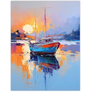 Artery8 Fishing Boat in Tranquil Lake at Sunrise Oil Painting Orange Blue Red Abstract Seascape Extra Large XL Wall Art Poster Print Artery8 Fishing Boat in Tranquil Lake at Sunrise Oil Painting Orange Blue Red Abstract Seascape Extra Large XL Wall Art Poster Print