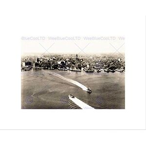 Wee Blue Coo VINTAGE CITYSCAPE RIVER BOAT BOSTON USA WAKE BLACK FRAMED ART PRINT B12X3452 Wee Blue Coo VINTAGE CITYSCAPE RIVER BOAT BOSTON USA WAKE BLACK FRAMED ART PRINT B12X3452