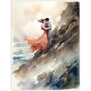 Artery8 Forbidden Love Watercolour Painting Couple Embrace In Dramatic Coastal Cliff Landscape Extra Large XL Wall Art Poster Print Artery8 Forbidden Love Watercolour Painting Couple Embrace In Dramatic Coastal Cliff Landscape Extra Large XL Wall Art Poster Print