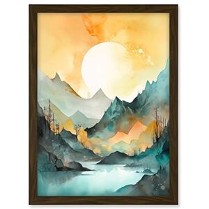 Artery8 Sun Rising Over Mountain Lakeside Landscape Modern Pastel Teal and Orange Watercolour Painting Artwork Framed A3 Wall Art Print Artery8 Sun Rising Over Mountain Lakeside Landscape Modern Pastel Teal and Orange Watercolour Painting Artwork Framed A3 Wall Art Print