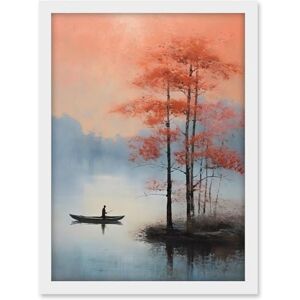 Artery8 Canoe Boat on Misty Lake Oil Painting Landscape Blue Pink Blossom Tree Early Morning Artwork Framed A3 Wall Art Print Artery8 Canoe Boat on Misty Lake Oil Painting Landscape Blue Pink Blossom Tree Early Morning Artwork Framed A3 Wall Art Print