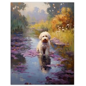 Artery8 White Cockapoo Dog And Purple Water Irises Claude Monet Style Oil Painting Extra Large XL Wall Art Poster Print Artery8 White Cockapoo Dog And Purple Water Irises Claude Monet Style Oil Painting Extra Large XL Wall Art Poster Print