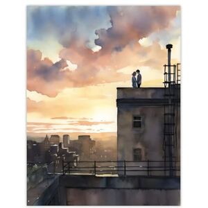 Artery8 Secret Romance Watercolour Painting Orange Purple Couple On The Roof Watching A City Sunset Bedroom Art Extra Large XL Wall Art Poster Print Artery8 Secret Romance Watercolour Painting Orange Purple Couple On The Roof Watching A City Sunset Bedroom Art Extra Large XL Wall Art Poster Print
